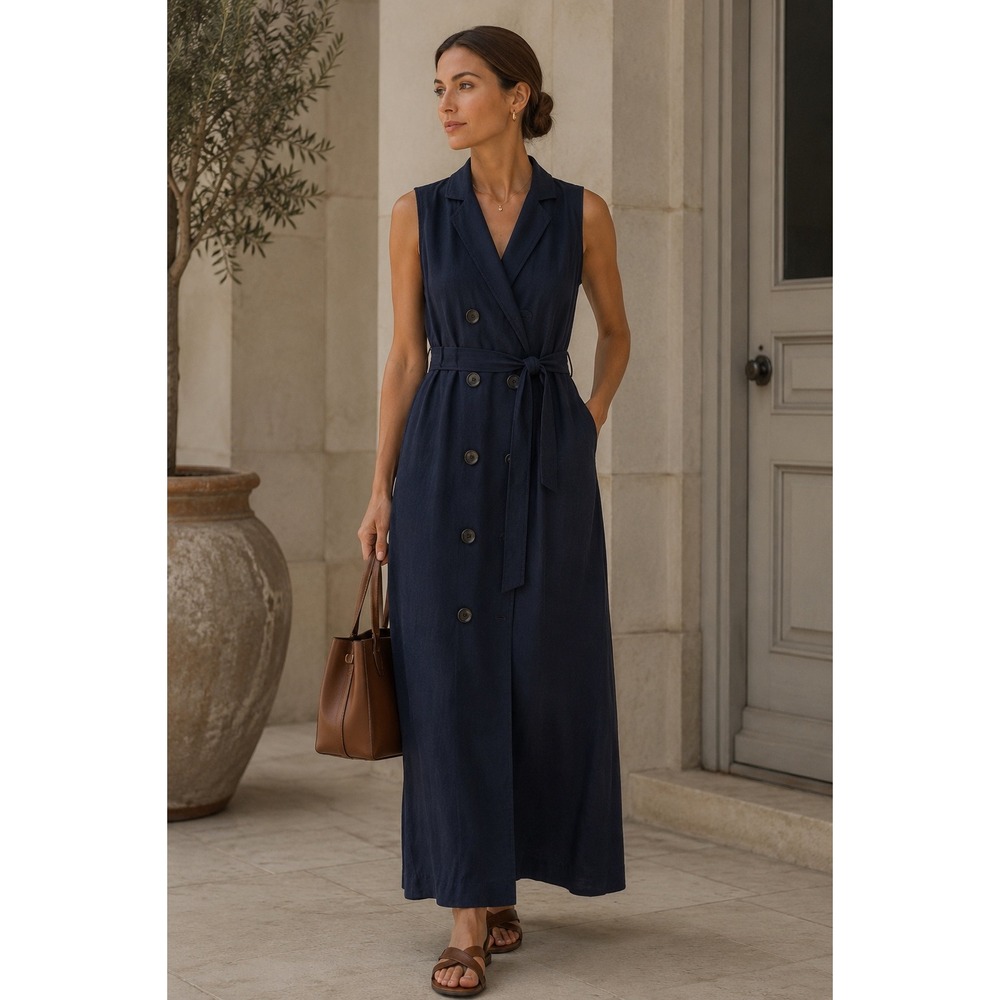 Navy Blue Linen Blend Sleeveless Double Breasted Maxi Dress Small, Quiet Luxury